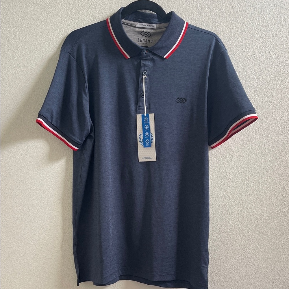 NWT Leg3nd Golf Navy Polo Shirt with Red and White Trim Medium Extreme Stretch